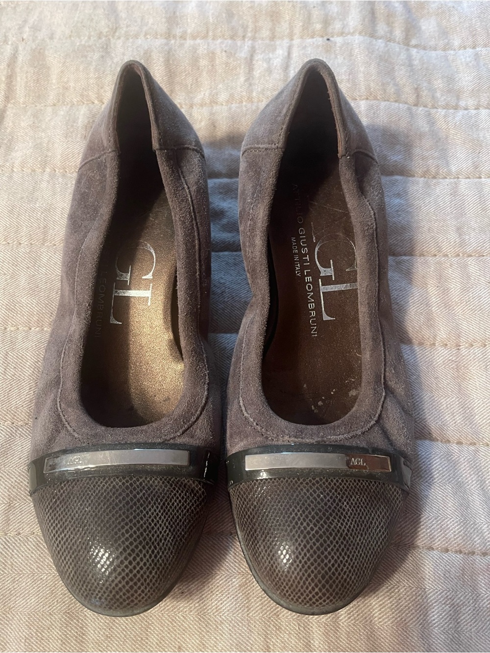 AGL Dark Brown Suede Cap-Toe Ballet Flats with Textured Toe